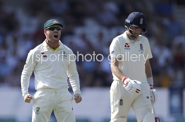 David Warner celebrates catching Joe Root Headingley Ashes 2019
