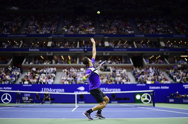 Grigor Dimitrov Bulgaria serves v Roger Federer US Open 2019