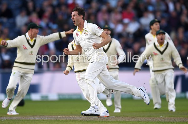 Pat Cummins Australia celebrates Joe Root wicket Manchester Ashes 2019