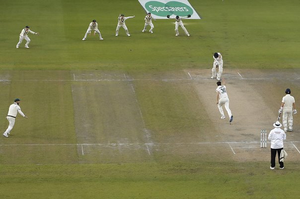 Pat Cummins Australia bowls Joe Root England Old Trafford Ashes 2019