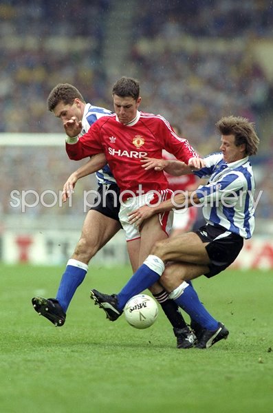 Roland Nilsson, Nigel Pearson of Sheffield Wednesday and Lee Sharpe of Machester United