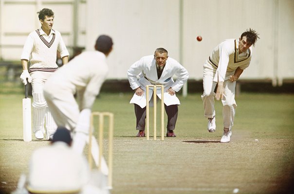 Fred Trueman bowling for Yorkshire v Somerset 1965