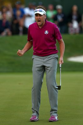 Ian Poulter Europe celebrates Day Two Four-Balls Ryder Cup 2012