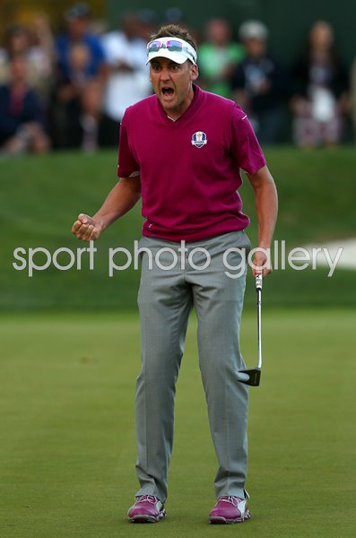 Ian Poulter Europe celebrates Day Two Four-Balls Ryder Cup 2012
