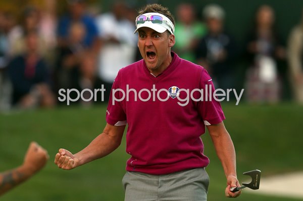 Ian Poulter Europe celebrates Day 2 Four-Balls Ryder Cup 2012