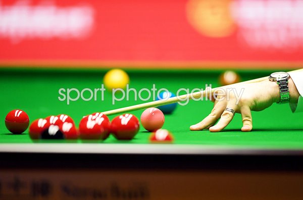 Snooker player cue and snooker balls Masters 2020