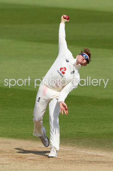 Dom Bess England bowls v West Indies Southampton 2020