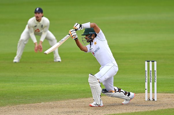 Babar Azam Pakistan drives v England Old Trafford 2020