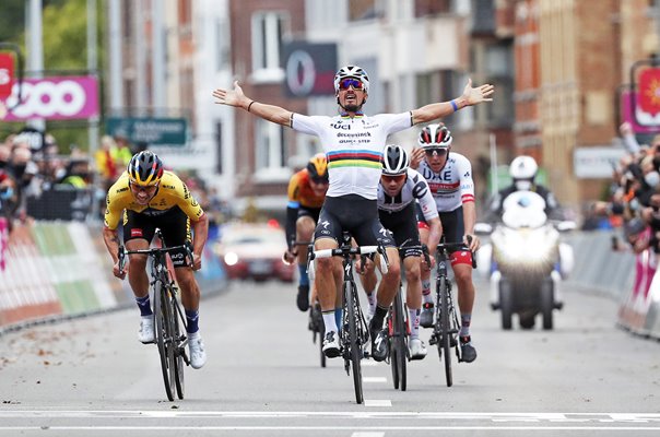 Julian Alaphilippe celebrates too soon Liege Bastogne Liege 2020   