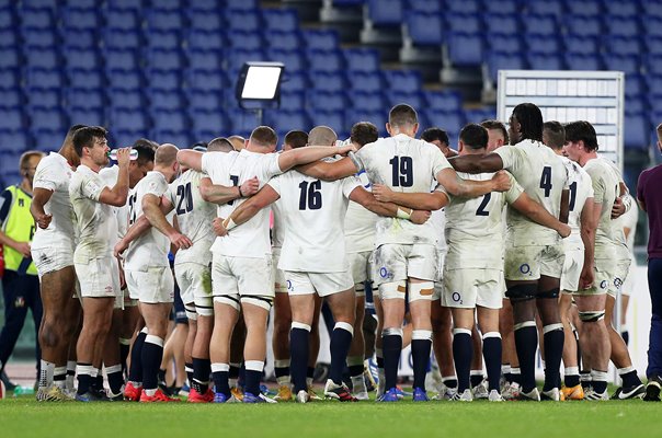 England Team Huddle v Italy Rome Six Nations 2020