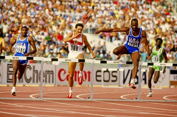 Ed Moses USA leads Danny Harris & Harald Schmid World 400m Hurdles Final 1987