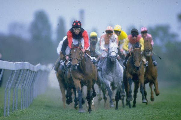 Jockey Lester Piggott leads the field Kempton 1984