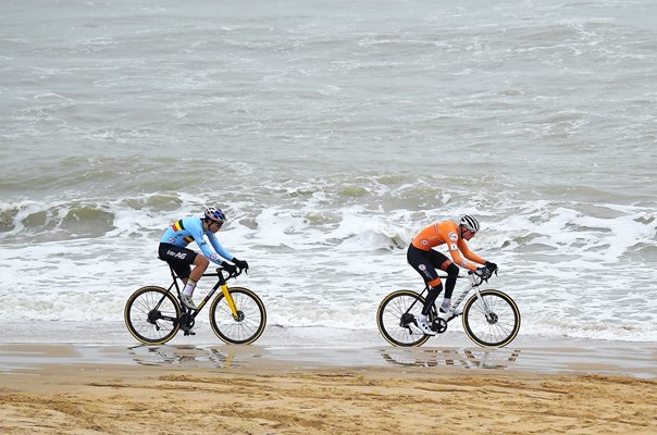 Mathieu Van Der Poel Netherlands leads Wout Van Aert of Belgium Oostende 2021