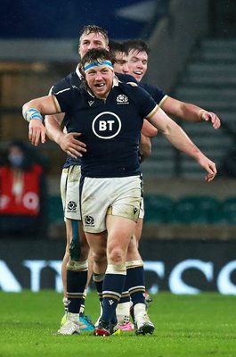 Hamish Watson celebrates Scotland win v England Twickenham 2021