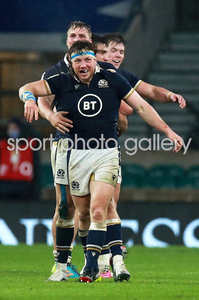 Hamish Watson celebrates Scotland win v England Twickenham 2021