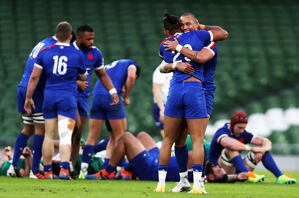 Teddy Thomas & Gael Fickou celebrate France win Dublin 2021  