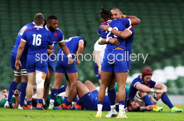 Teddy Thomas & Gael Fickou celebrate France win Dublin 2021  