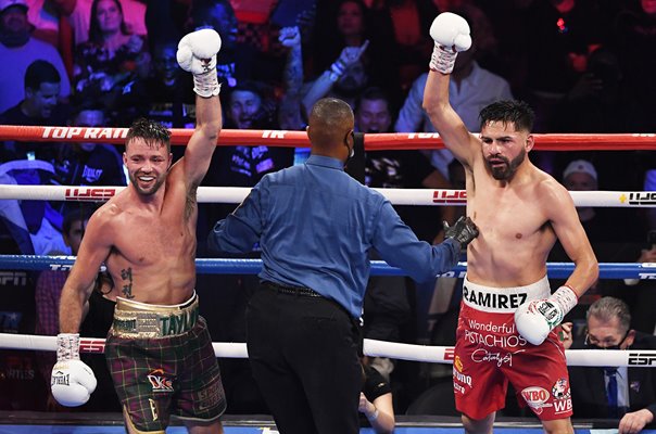 Josh Taylor celebrates final bell v Jose Ramirez Las Vegas 2021