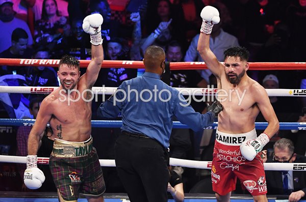 Josh Taylor celebrates final bell v Jose Ramirez Las Vegas 2021