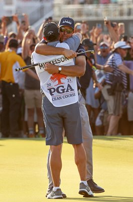 Phil Mickelson USA celebrates with brother Tim USPGA Kiawah Island 2021