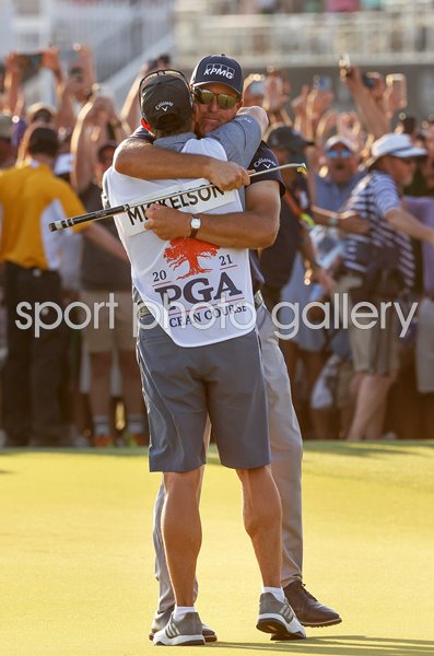 Phil Mickelson USA celebrates with brother Tim USPGA Kiawah Island 2021