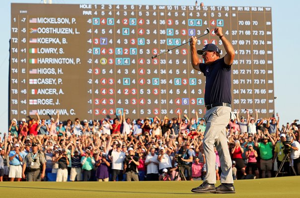 Phil Mickelson USA celebrates USPGA victory Kiawah Island 2021