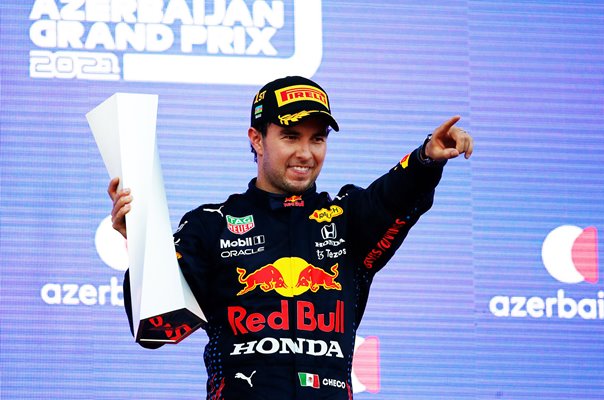 Sergio Perez Mexico celebrates Azerbaijan F1 Grand Prix win 2021
