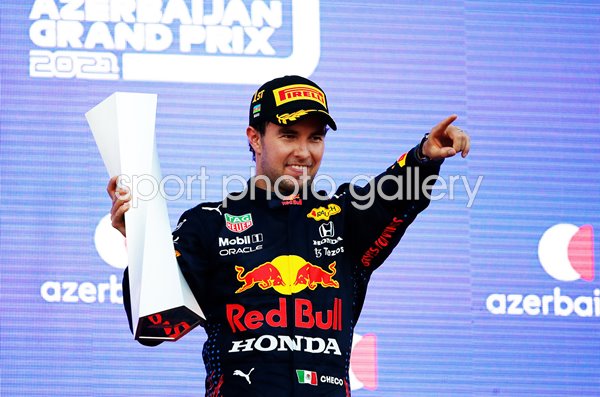 Sergio Perez Mexico celebrates Azerbaijan F1 Grand Prix win 2021