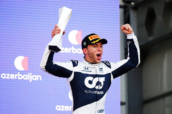 Pierre Gasly France celebrates Podium finish Azerbaijan F1 Grand Prix 2021