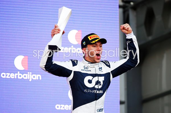 Pierre Gasly France celebrates Podium finish Azerbaijan F1 Grand Prix 2021