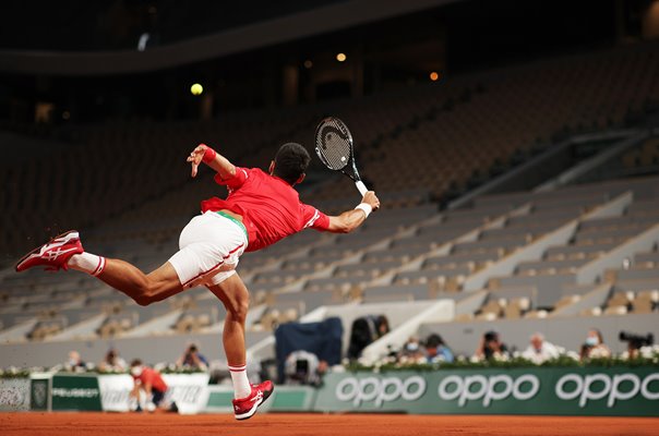 Novak Djokovic Serbia forehand v Matteo Berrettini French Open 2021
