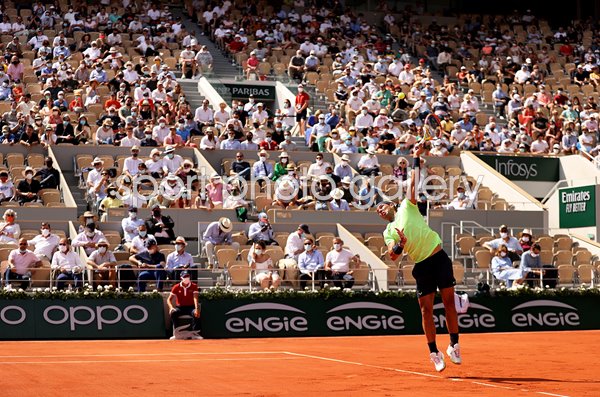 Rafael Nadal Spain serves v Diego Schwartzman French Open 2021