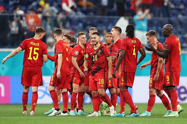 Eden Hazard and Belgium celebrate v Russia Euro 2020 