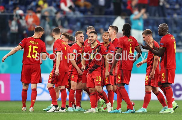 Eden Hazard and Belgium celebrate v Russia Euro 2020 