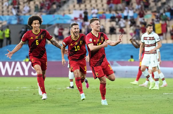 Thorgan Hazard Belgium celebrates v Portugal Last 16 Seville Euro 2020