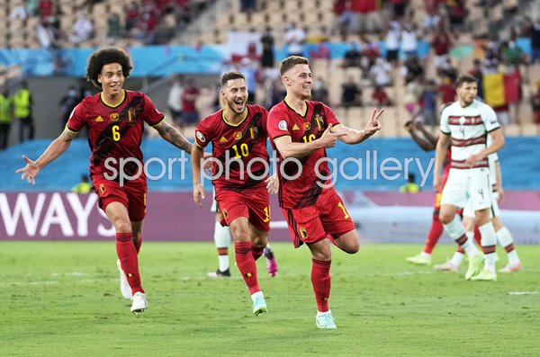 Thorgan Hazard Belgium celebrates v Portugal Last 16 Seville Euro 2020