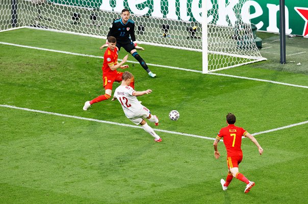 Kasper Dolberg Denmark scores v Wales Last 16 Euro 2020