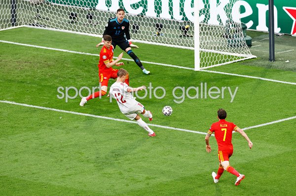 Kasper Dolberg Denmark scores v Wales Last 16 Euro 2020