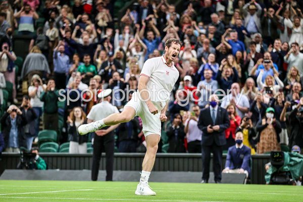 Andy Murray celebrates v Nikoloz Basilashvili Centre Court Wimbledon 2021