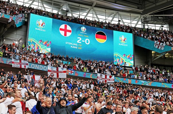 England fans celebrate under big screen Wembley Euro 2020 