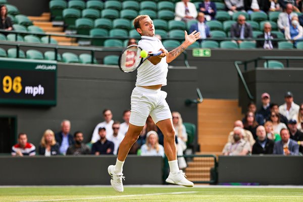 Dan Evans Great Britain forehand v Dusan Lajovic Wimbledon 2021