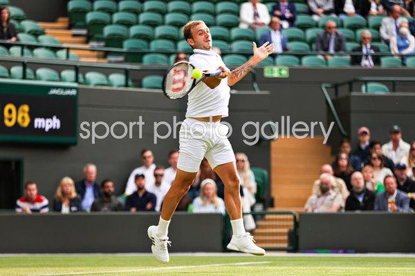 Dan Evans Great Britain forehand v Dusan Lajovic Wimbledon 2021