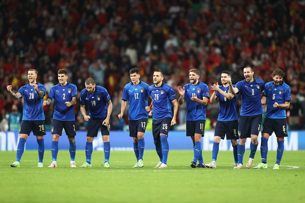 Italy players celebrate penalty shoot out v Spain Semi Final Euro 2020 