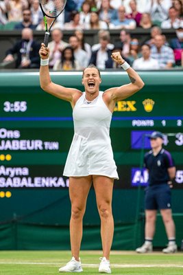 Aryna Sabalenka Belarus celebrates Quarter Final win Wimbledon 2021