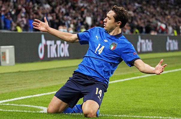 Federico Chiesa Italy celebrates goal v Spain semi final Euro 2020