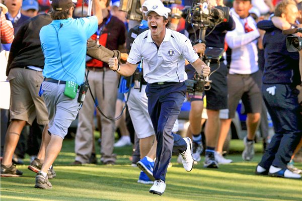 Rory McIlroy celebrates Kaymer Ryder Cup winner