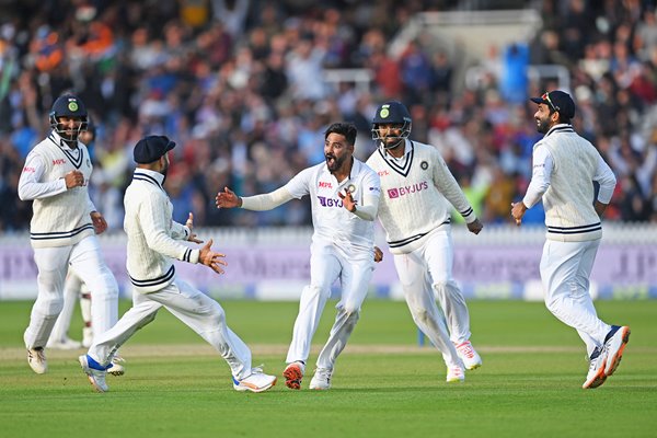 Mohammed Siraj India celebrates winning wicket v England Lord's 2021