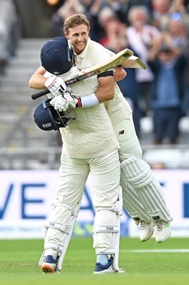 Jonny Bairstow celebrates Joe Root century England v India Headingley 2021