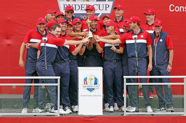 Players and captains celebrate USA Ryder Cup Win Whistling Straits 2021