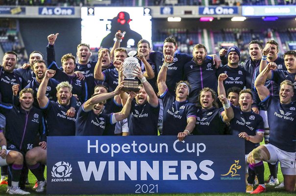 Scotland celebrate win v Australia Murrayfield 2021
